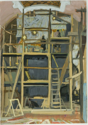 [Архив художника] Картина Курзенков Л.С. "Роспись иконостаса храма", 1980-е гг. 
Бумага 