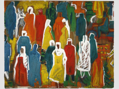 [Архив художника] Курзенков Л.С. Картина &laquo;У рынка. Толпа&raquo;, 1970-е гг. 
Картон, темпера 