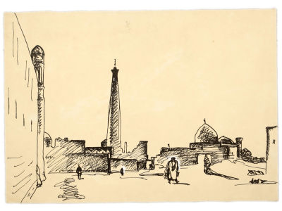 [Архив художника] Курзенков Л.С. Рисунок &laquo;Хива&raquo;, 1970-е гг. 
Бумага, тушь, белила. Размер: 