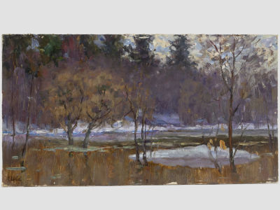 Иващенко А. (по подписи). Картина &laquo;Вода прибывает&raquo;, последняя треть XX в. 
Картон, масло. 