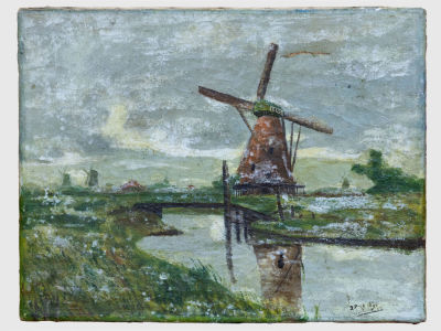 Неизвестный художник. Картина &laquo;Пейзаж с мельницей&raquo;, 1950 г., Европа. 
Холст, масло. Размер: 