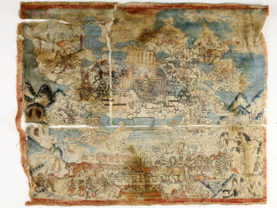 Полотно с национальной ручной росписью по ткани, мифологический сюжет. Китай, XIX в. 
Размер 