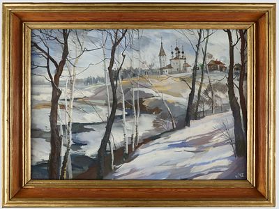 Чивиков Е.К. Картина &laquo;Устюжна&raquo;, 1991 г. 
На лицевой стороне работы в правом нижнем углу 