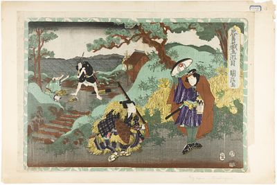 [ЯПОНСКОЕ ИСКУССТВО XIX В., ЖАНР ЯКУСЯ-Э] Утагава Кунитэру. Шелкография &laquo;Сцена из спектакля 