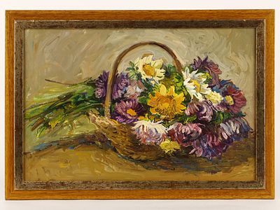 Максимова-Анохина Е.Н. Картина &laquo;Цветы в плетёной корзине&raquo;, 2008 г. 
Картон, масло. Размер: 33 