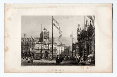 [ЕВРОПЕЙСКАЯ ГРАВЮРА XIX В.] Лалес Ф.И. по рисунку Руарга А. Гравюра "Часы на площади собора 
