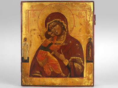 Икона Владимирская икона Божией матери. Центральная Россия. Конец XIX века. 
Материалы и 