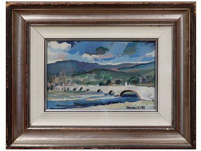 Картина "Пейзаж с мостом", 1985 г. (?) 
На лицевой стороне работы в правом нижнем углу 