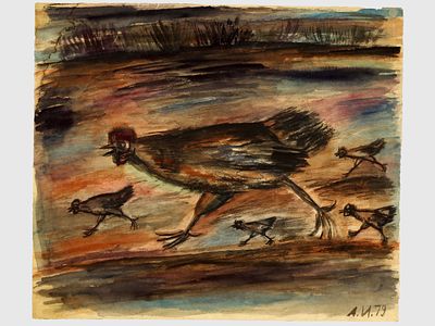 [Архив художника Курзенкова Л.С.] Рисунок &laquo;Курицы&raquo;, 1979 г. 
Бумага, акварель, карандаш 