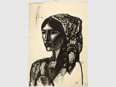 [Архив художника] Курзенков Л.С. Рисунок &laquo;Женский портрет&raquo; из серии &laquo;Восточные зарисовки&raquo; 