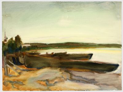 [Архив художника] Курзенков Л.С. "Тишина", 1973 г. 
Бумага, акварель. Размер: 36 х 48 см. 