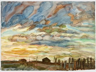 [Архив художника] Курзенков Л.С. Рисунок "Деревня", 1970-е гг. 
Бумага, акварель. Размер: 45 х 