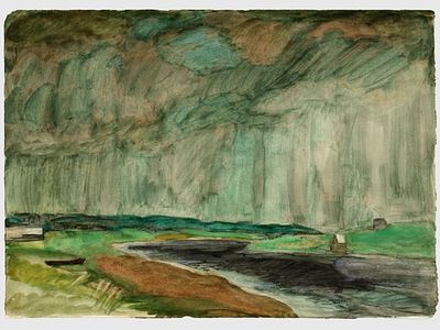 [Архив художника] Курзенков Л.С. Рисунок &laquo;Деревня&raquo;, 1970-е гг. 
Бумага, акварель, карандаш. 