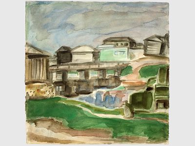 [Архив художника] Курзенков Л.С. Рисунок &laquo;Деревня&raquo;, 1970-е гг. 
Бумага, акварель, карандаш. 