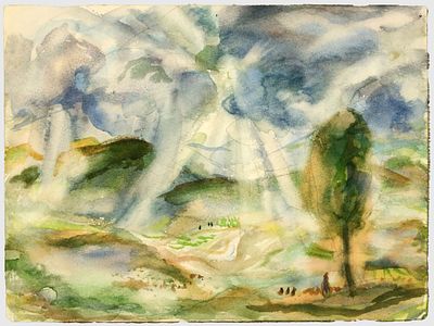 [Архив художника] Курзенков Л.С. Рисунок &laquo;Пейзаж&raquo;, 1970-е гг. 
Бумага, акварель, карандаш. 