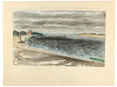 [Архив художника] Курзенков Л.С. Рисунок &laquo;На набережной&raquo;, 1970-е гг. 
Бумага, акварель, тушь. 