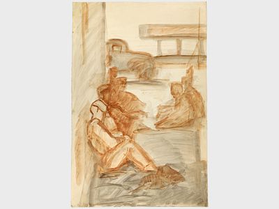 [Суровый стиль! Архив художника] Курзенков Л.С. Рисунок &laquo;На перекуре&raquo;, 1970-е гг. 
Бумага 