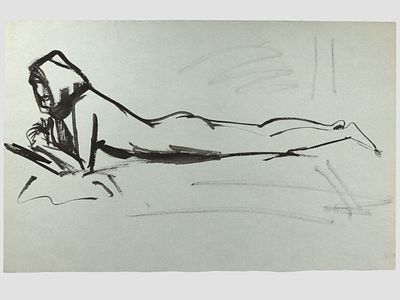 [Архив художника] Курзенков Л.С. Рисунок &laquo;Лежащая обнаженная&raquo;, 1970-е гг. 
Работа не имеет 