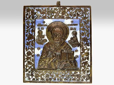 Меднолитая Двухвершковая икона в голубой и белой эмалях &laquo;Николай Чудотворец&raquo;. Российская 