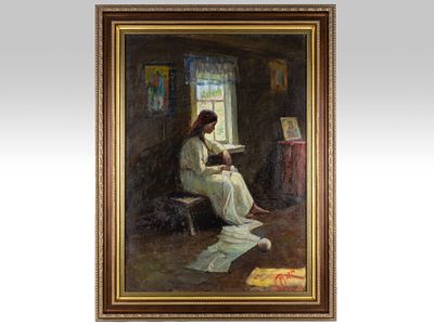 Смирнов М.А. Картина &laquo;Девушка у окна. Швея&raquo;, рубеж 2000–2010-х гг. 
На лицевой стороне работы 