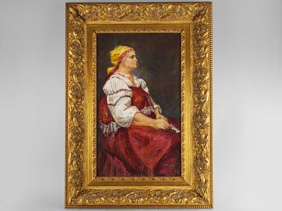 Смирнов М.А. Картина &laquo;Женщина в красном сарафане&raquo;, 2008 г. 
На лицевой стороне работы в нижнем 