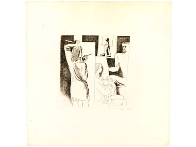 Карева Н.С. Офорт &laquo;В мастерской&raquo;, 1972. 
На лицевой стороне работы в правом нижнем углу 