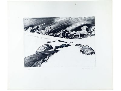 Цигаль В.Е. Офорт &laquo;Табун&raquo;, 1980-е гг. 
Бумага, офорт. 
На лицевой стороне в нижней части 