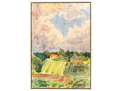 Лучишкин С.А. Рисунок &laquo;Дер. Раково, Истринский район&raquo;, 1957 г. 
Бумага, акварель.
На 