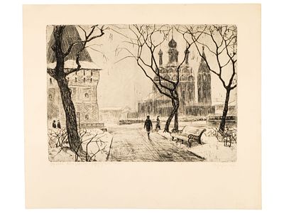 Севрикеев С.И. Офорт &laquo;Церковь Богоявления и Богородицкая башня&raquo;, 1967 г. 
На лицевой стороне 