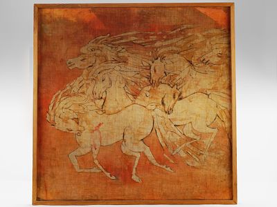 Картина, роспись по ткани &laquo;Кони&raquo;, середина XX в. 
Авторская подпись не была обнаружена. На 