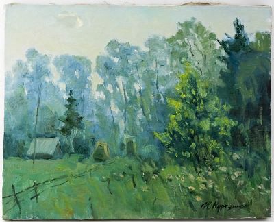 Нуртдинов И.Х. Картина "В утреннем свете. Прислониха", 2021 г. 
На лицевой стороне работы в 