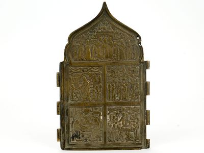 Средняя створка складня "Праздники" (Сошествие во Ад, Св. Троица, Успение Пр. Богородицы 