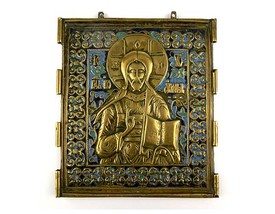 Средняя часть трёхстворчатого складня &laquo;Деисус&raquo; в трёх эмалях. Россия, начало XX века. 
Медный 
