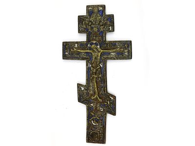 Напрестольный меднолитой крест с бело-синими эмалями и текстом Светилена, Российская империя 