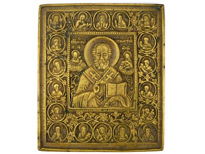 Икона "Николай Мирликийский Чудотворец". Российская Империя, 2-я половина XIX века. 
Медный 