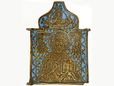 Икона "Николай Мирликийский Чудотворец". Российская Империя, 2-я половина XIX века. 
Медный 