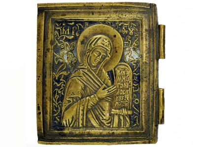 Левая створка складня. "Богородица Боголюбская". Российская Империя, XIX век. 
Медный сплав 