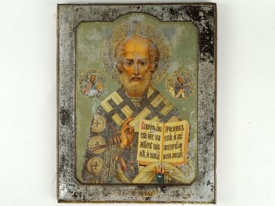 Икона "Николай Мирликийский Чудотворец". Фабрика Жако и Бонакер в Москве, Российская Империя 