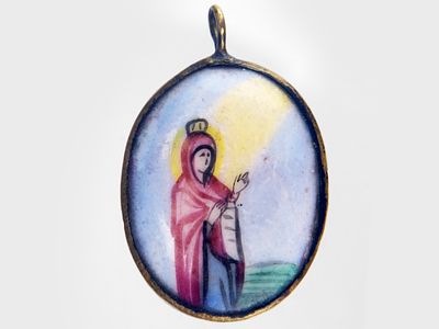 Подвеска "Богородица Боголюбская". Российская Империя, конец XIX века. 
Ростовская финифть 