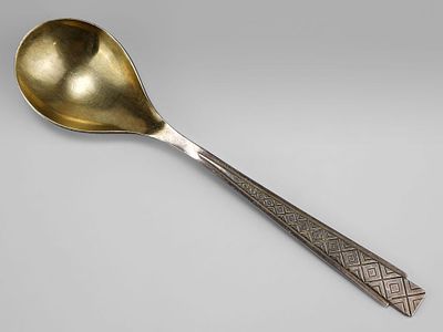 Ложка для десерта. Бакинская ювелирная фабрика, СССР, 1971 год. 
Серебро 875 пробы, штамп, 