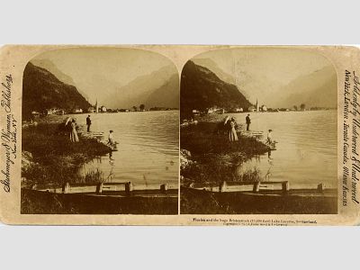 Стереофотография "Флюелен и Большой Бристенсток (1000 фут) Люцернское озеро, Швейцария". США 