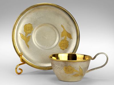 Кофейная пара с растительным декором, мельхиор, серебрение, золочение, Мстерский завод 