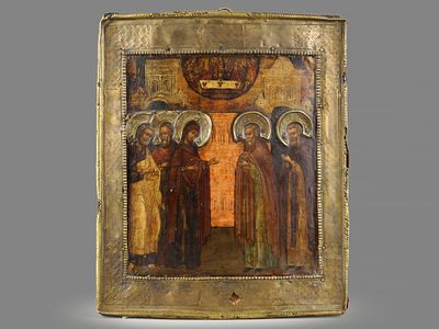Икона в окладе &laquo;Явление Богоматери преподобному Сергию Радонежскому&raquo;. В основе XVII век 