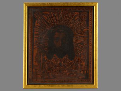 Икона "Спас Нерукотворный" Начало ХХ века. 
Дерево, фольга, печать. 
Размеры: 