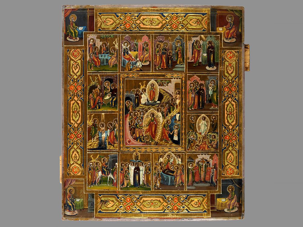 Икона &laquo;Воскресение Христово, с двунадесятыми праздниками и евангелистами&raquo;. Конец XIX - начало 