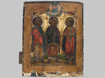 Икона Старообрядческая "Мученики Гурий, Самон и Авив". Святые покровители семьи. Центральная 