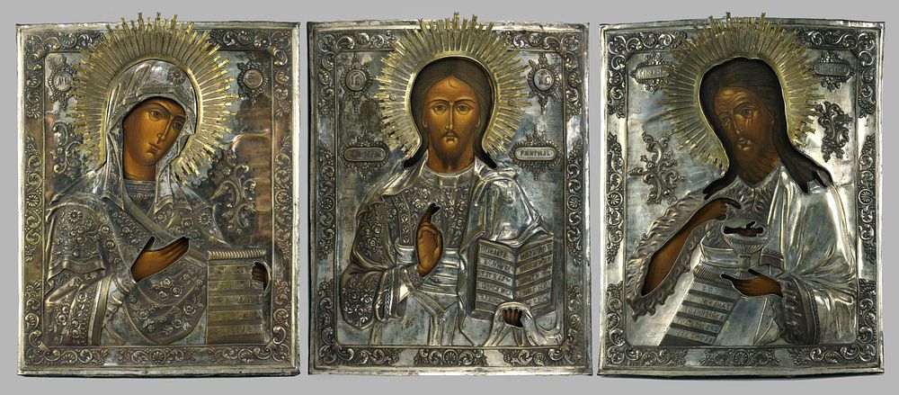 Деисусный чин из трех икон "Богоматерь", "Господь Вседержитель" "Святой Иоанн Предтеча". 