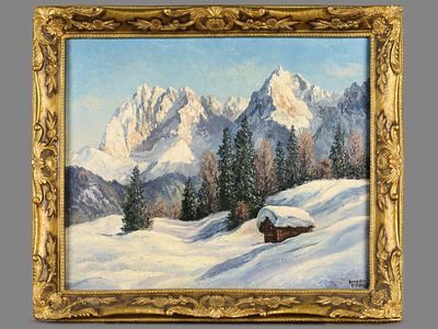 &laquo;Зимний альпийский пейзаж с избой&raquo;. Hans Otto Kraus по подписи. Европа, вторая половина XX 
