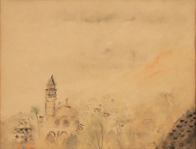 ראובן רובין (1893-1974), אקוורל על נייר, נוף עין כרם, 32X25ס"מ, מקוריות הציור אושרה ע”י גב’ 