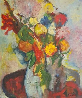 איזידור אשהיים (1891-1968), שמן על לוח, טבע דומם פרחים, 70X65ס"מ, חתום